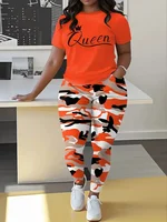 Plus Size Women's Casual Suit, Fashion Letter Print Camouflage Pants Two-Piece Set - Image 2