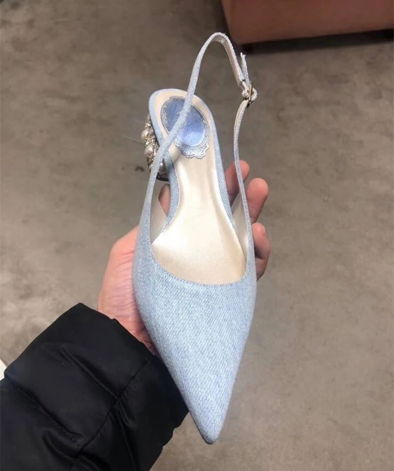 Women's Summer New Thick Heel Pointed Head Bag Head Sandals Women's Rhinestone Pearl Heel One-word Buckle Medium Heel High Heels 3