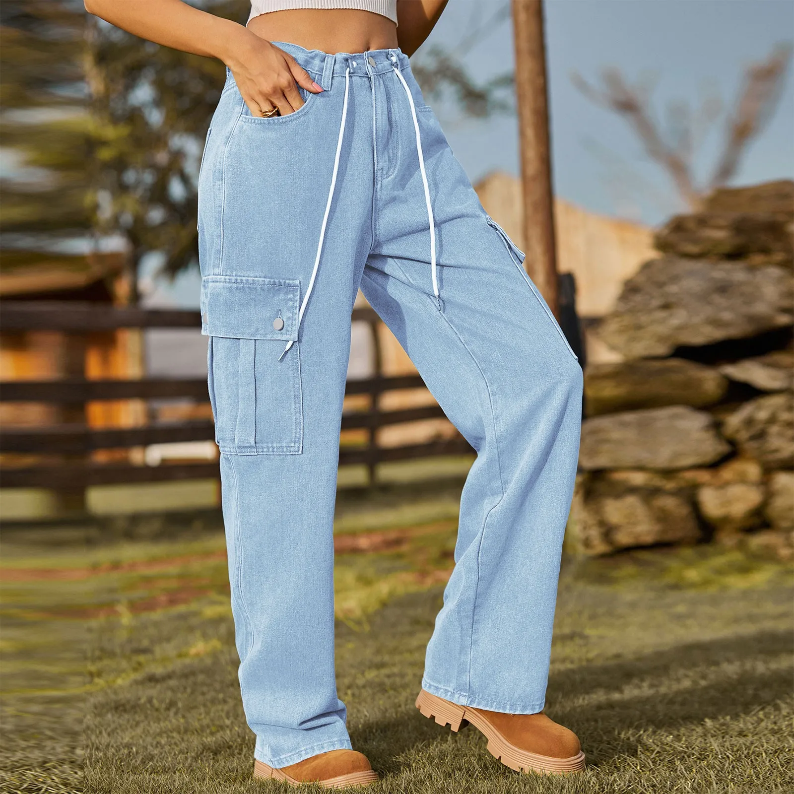 

Women Y2k Pants Vintage Fashion Casual Solid Color Denim Drawstring Adjustable Washed Cargo Pants Casual Pants Elegant Trousers