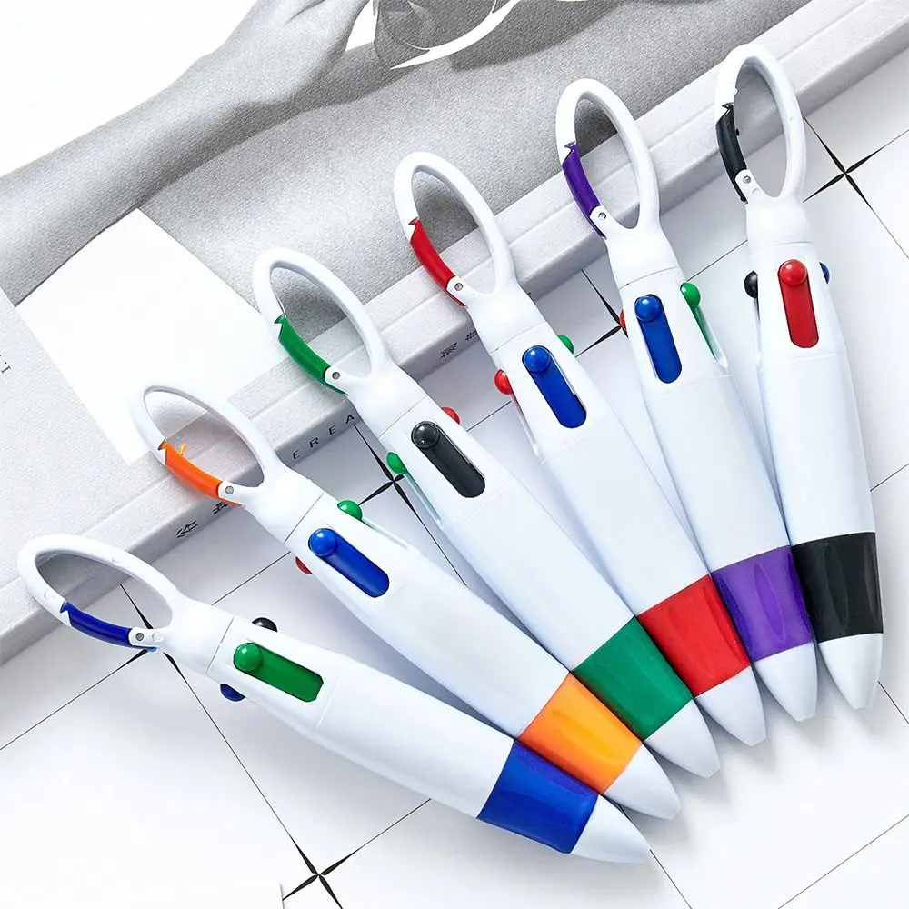Portable Press Type Gel Pen Retractable 4 Color Inks Ballpoint Pens with Buckle Keychain For Office School Students Gift