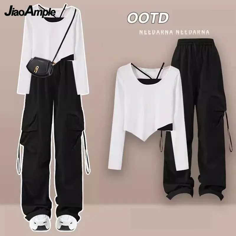 Women's Spring Tracksuit 2024 New In Matching Set Korean Elegant Loose Fake Two Piece T-shirt+Cargo Pants Suit Female Sportwear korean casual high waist wide leg pants set women s clothing spring autumn fashion female fake two pieces spliced jumpsuits