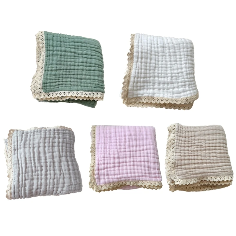 

Versatile Baby Blanket 6 Layer Cotton Gauze with Lovely Lace Border Breathable Perfect for Cribs or Outdoor Activities