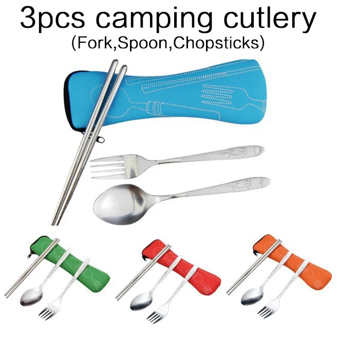 JJYY 4Pcs/3Pcs cutlery set Portable Printed Knifes Fork Spoon Stainless Steel Family Camping Steak Cutlery Tableware with Bag