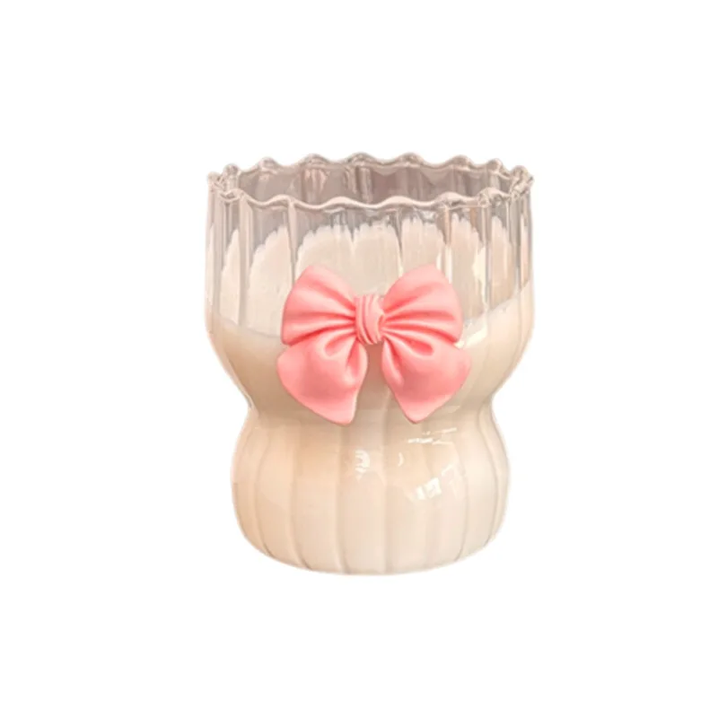 300ML high borosilicate glass cup Pink bow heat-resistant coffee cup vertical grain fat tea girl heart cold and hot dual
