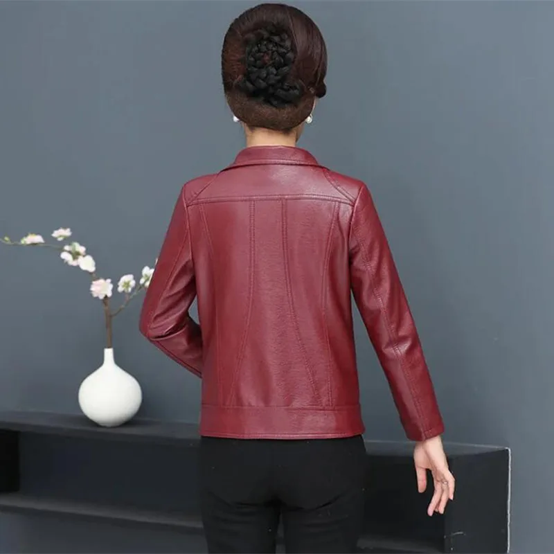 Fashion Elderly Women\'s Leather Clothes 6XL Big Size Women\'s PU Pi Jacket New Spring Autumn Casual Jackets Female Outerwear Tops