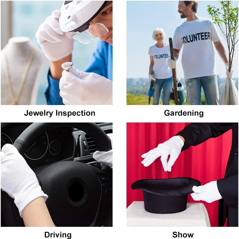Cotton Gloves 24PCS Large Cloth Stretchable White Cotton Gloves Jewelry Silver Cleaning Work Archive Serving Costume Coin Gloves 6