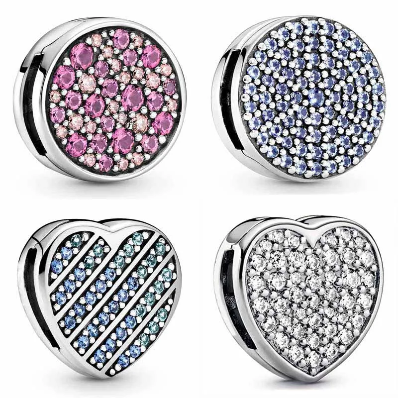 

Authentic 925 Sterling Silver Reflexions Blue Pave Heart Pink Elegance Clip Lock Charm Fit Pandora Bracelet & Necklace Jewelry