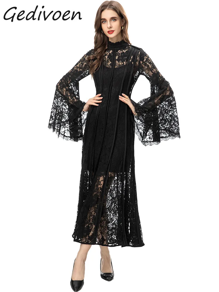 

Gedivoen Autumn Fashion Designer Black Vintage Lace Dress Women Flare Sleeve Hollow Out High Waist Holiday Party Slim Long Dress