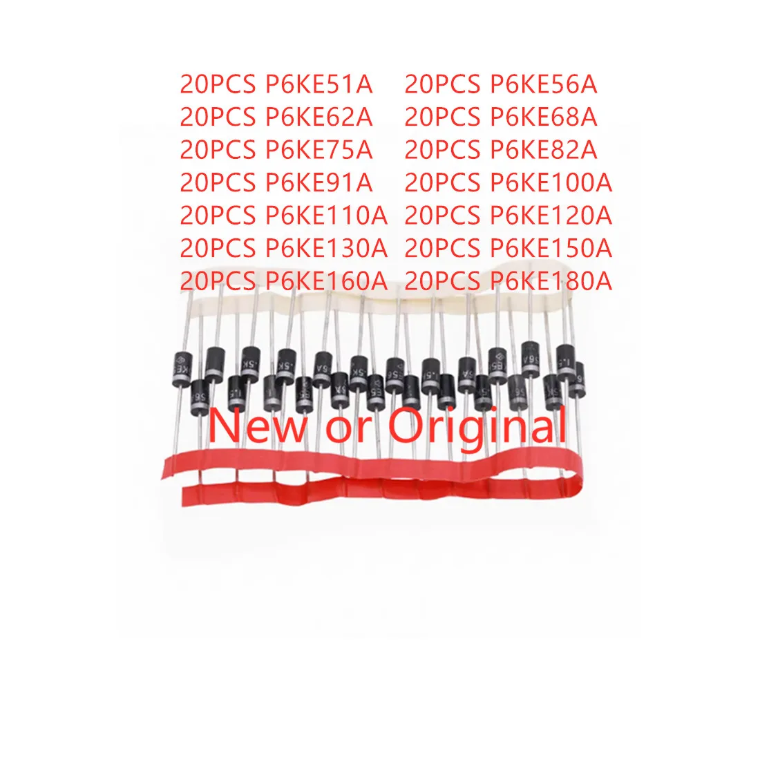 P6KE51A P6KE56A P6KE62A P6KE68A P6KE75A P6KE82A P6KE91A P6KE100A P6KE110A P6KE120A P6KE130A P6KE150A P6KE160A P6KE180A 20PCS