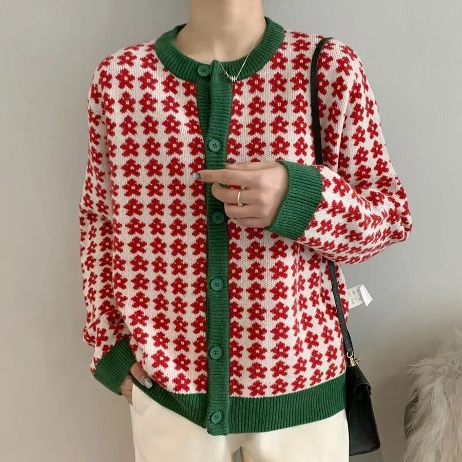 

2021 Autumn Winter New Knitted Cardigan Women Sweater Jacket Elegant Fashion Color Matching Jacquard Loose Korean Style Knitwear