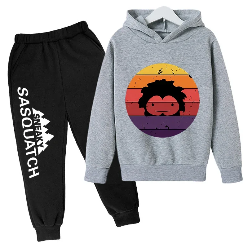 thumbnail image 1 of Conjunto de sudadera con capucha y pantalones de polar para niños, conjunto de 2 piezas, chándal, estampado de cabeza grande de Sasquatch furtivo, 1 of 5