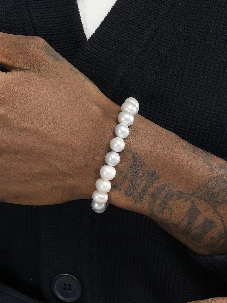 10mm Elastic Imitation Pearl Bracelet for Men Simple White Acrylic Bracelet For Women Hip Hop Fashion Jewelry Accessories 3