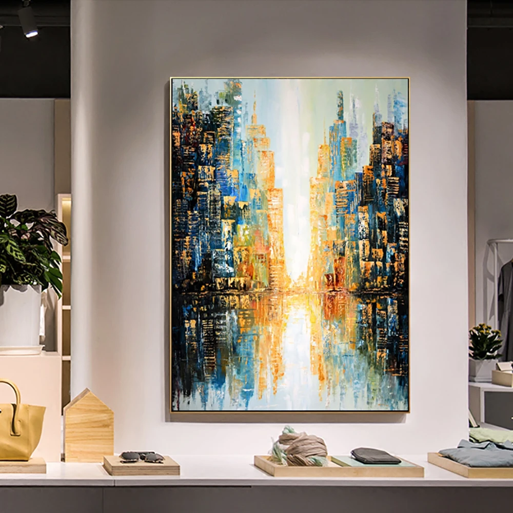 

3D Palette Knife HandPainted Canvas Oil Painting Abstract City Building Landscape Painting Living Room Bedroom Modern Wall Decor