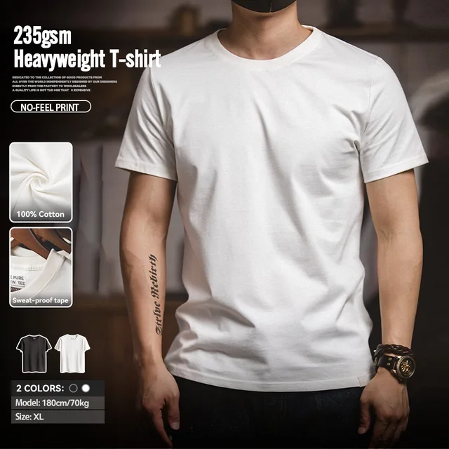 Maden 1Pc/2Pcs Solid Cotton Short-sleeved T-shirts Round Neck Black Beige T-Shirt Men's Summer Classic Heavyweight Versatile Tee 1
