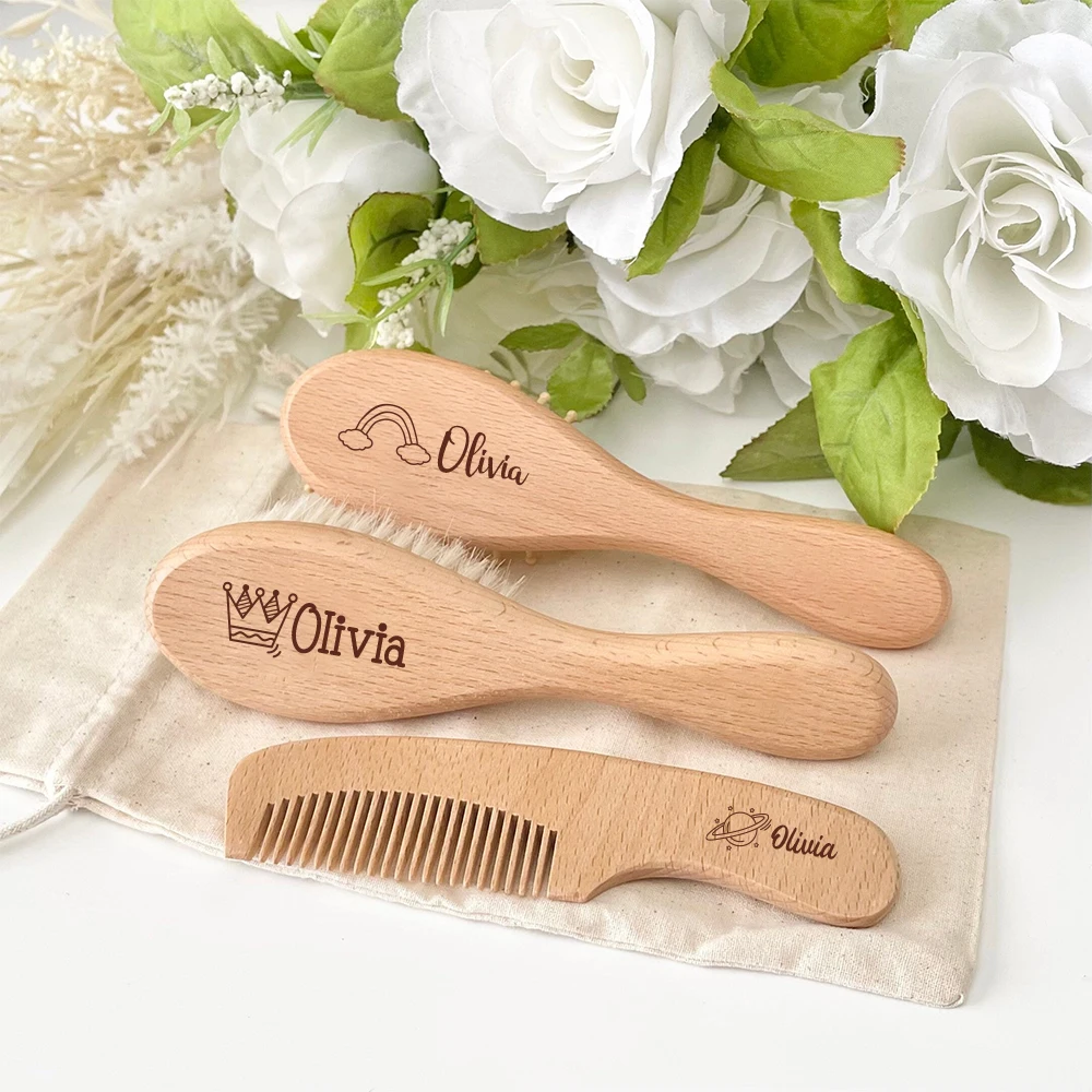 Personalized Pure Natural Wool Baby Wooden Brush Comb Hair Brush Newborn Hair Brush Baby Shower Gift