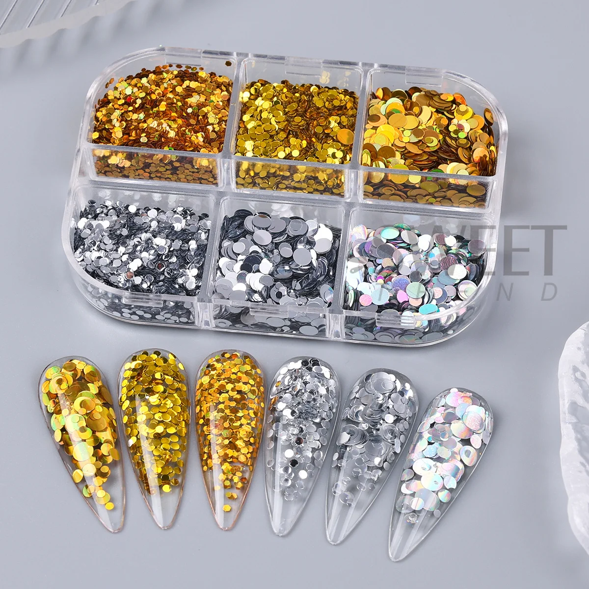 6 Grids Gold Silver Round Circle Nails Sequins Laser Mirror Sparkly Polka Dot Glitter Flakes Y2K Luxury New Year Manicure Decor