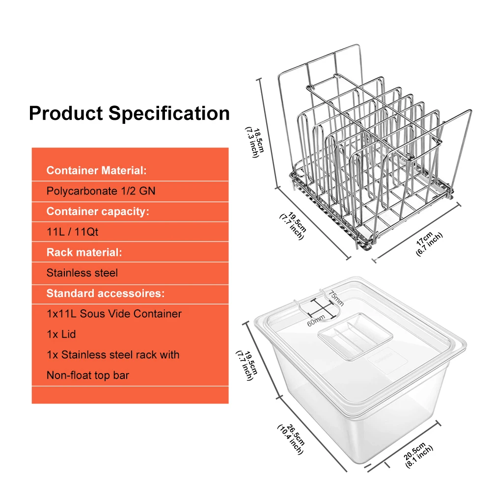 11L Sous Vide Cooker Containers and Stainless Steel Sous Vide Rack Sets Detachable Dividers Separator for Immersion Circulators