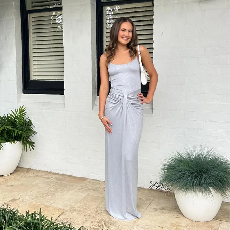 Spaghetti Strap Sexy Backless Maxi Dress Outfits Women Elegant Birthday Vestido 2025 New Club Party Ruched Dresses Female