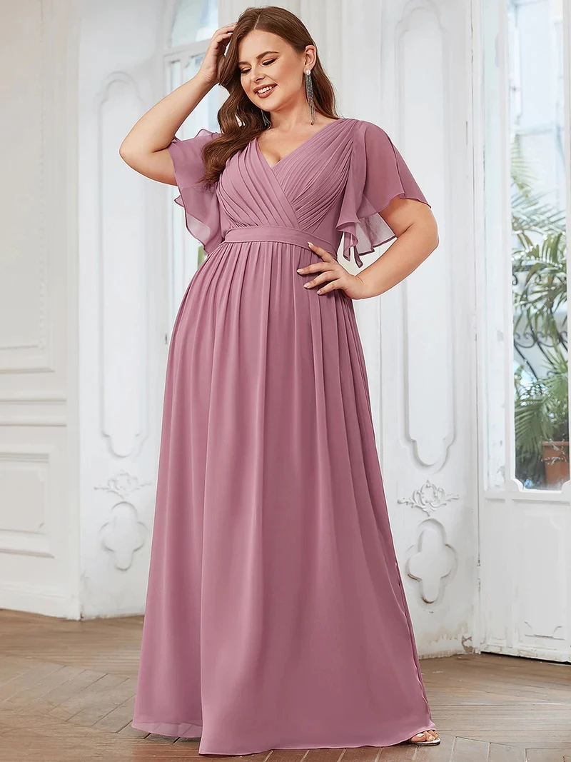 

Plus Size Luxury Evening Dresse Long A-LINE V-Neck Deep V Neck Ruffles Sleeves Gown 2024 BAZIIINGAAA of Bridesmaid Women Dress