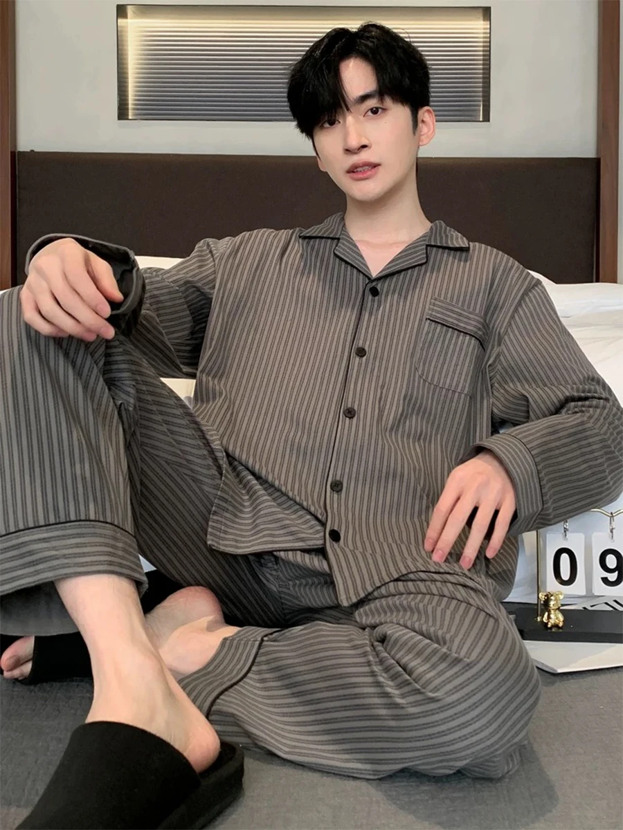 Men Pyjamas Spring Autumn Long-Sleeved Trousers Cardigan Loose Lapel Large Size