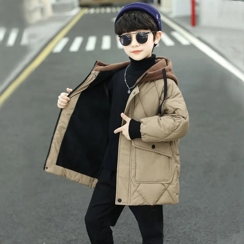 Children's down jacket new winter boys' and girls' Plush warm medium length jacket hooded large wool collar cotton padded down jacket children jackets girls coat
