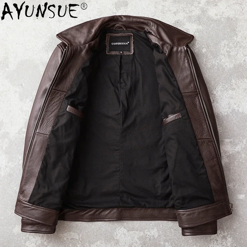 Men Leather Jacket AYUNSUE Men's Real Cowhide Genuine Leather Jacket Autumn Coat