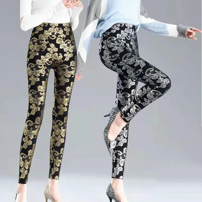 Floral Print Fashion Pants Women Sexy Sports Leggings High-rise Tight Sport Leggins Outerdoor Running Trousers Gold Sliver Pant