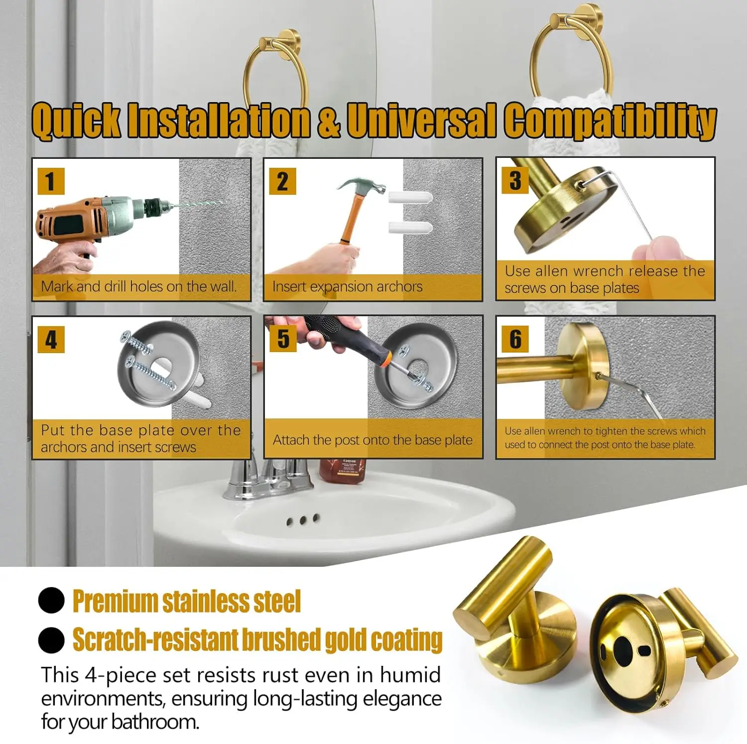 Modern Home Bathroom Hardware Set Stainless Steel Wall Mounted Brushed Gold-Includes Toilet Paper Holder Towel Ring Robe Hooks