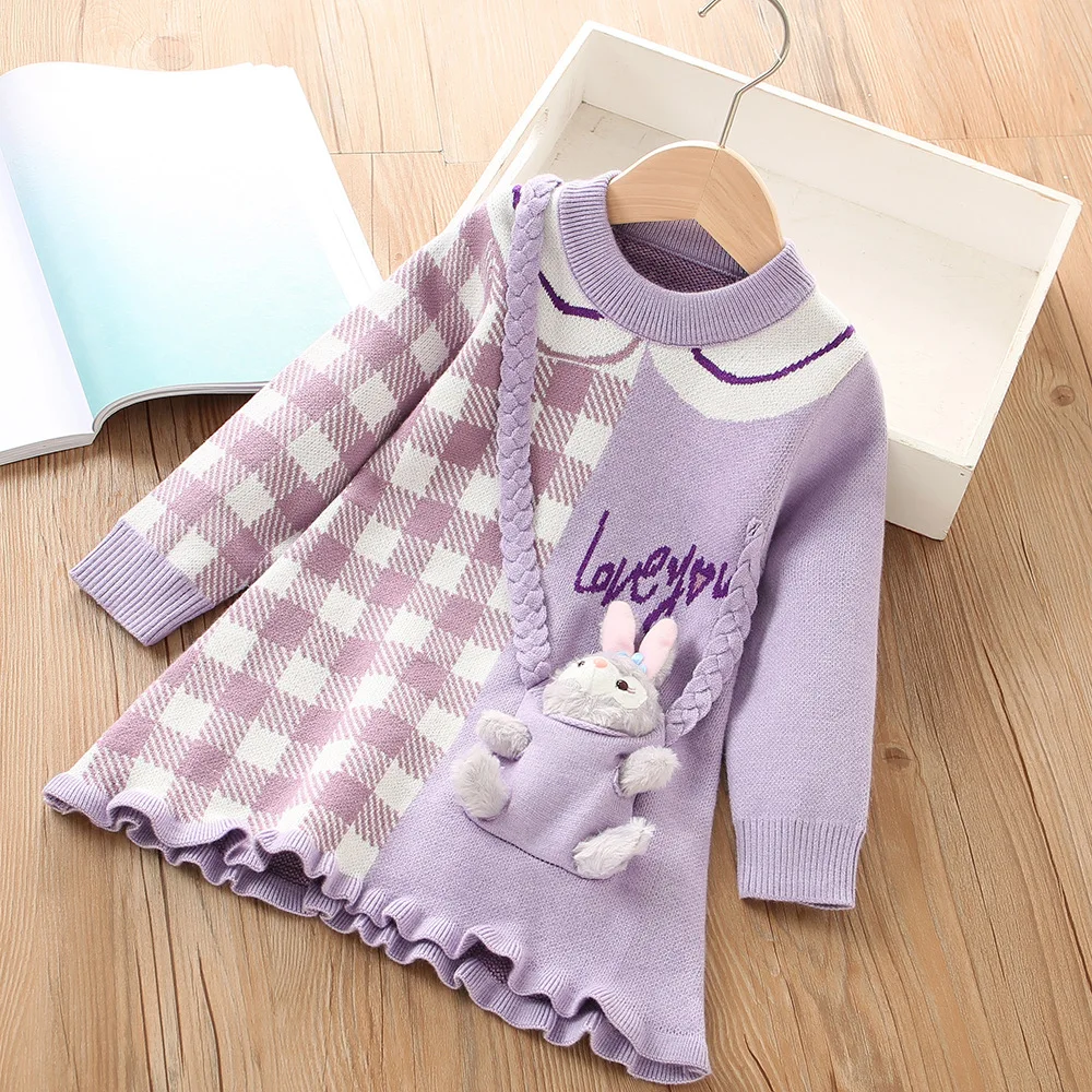 

2023 Children's Knitted Dress Autumn and Winter New Cute Cartoon Rabbit Fashionable Korean Girl's Woolen Dress Kids Clothes
