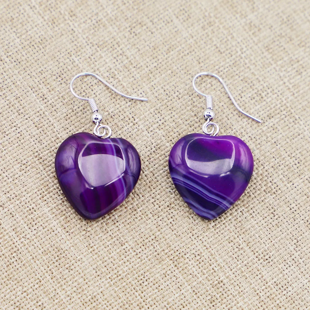 Natural Stone Agate Purple Peach Heart Earrings Pendant Love Hooks OL Reiki Ear Accessories DIY Fashion Jewelry Wholesale 5 Pair