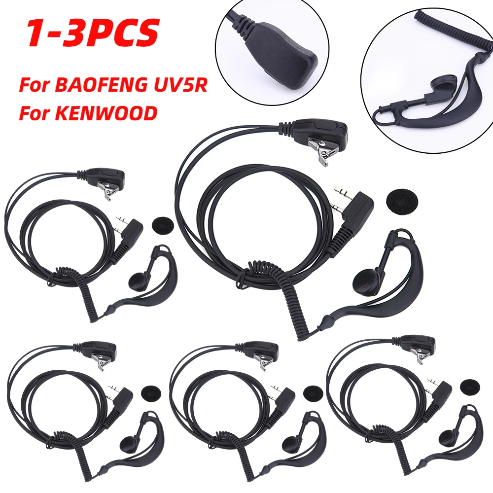BAOFENG UV5R/KENWOOD/HYT용 이어피스 헤드셋 PTT MIC 1m 이어 후크 워키토키 이어버드 인터폰 이어폰, 2 핀, 1-3PCs