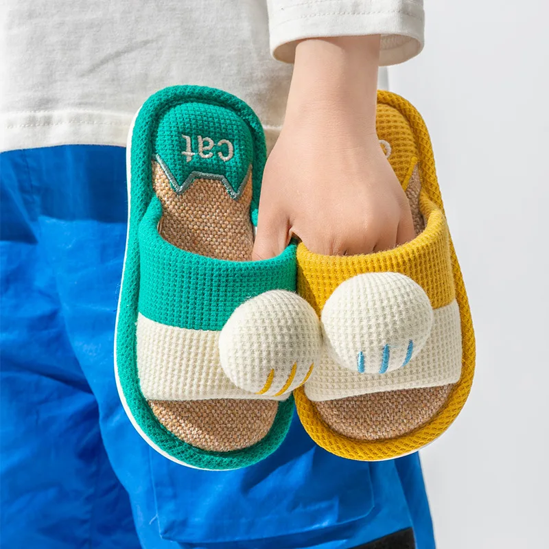 Children's Linen Slippers Spring and Autumn Girls Indoor Anti slip Cotton Slippers Boy Baby Cute Cat Claw Comfortable Home Shoes