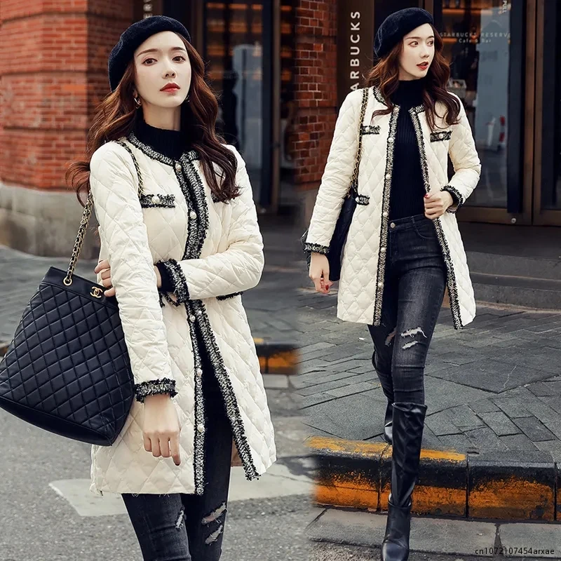 

Autumn Winter Ultra Light Down Cotton Coat Women Elegant Mid-Length Warm Parkas Tassels Spliced Pearl Button High Quality Jacket
