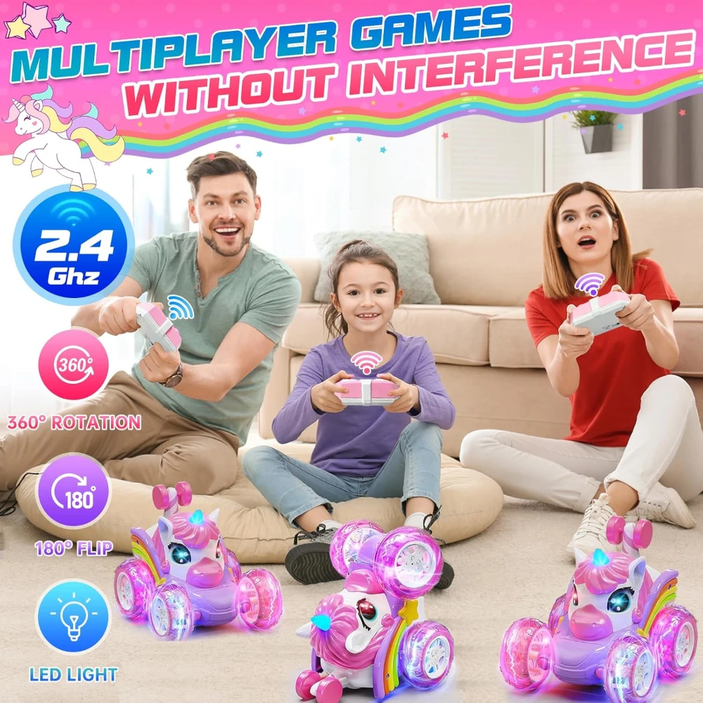 Unicorn Remote Control Car for Girls, RC Stunt Car with Cute Lights, 360° Rotating Double-Sided 4WD, Birthday Gift for Kids 4