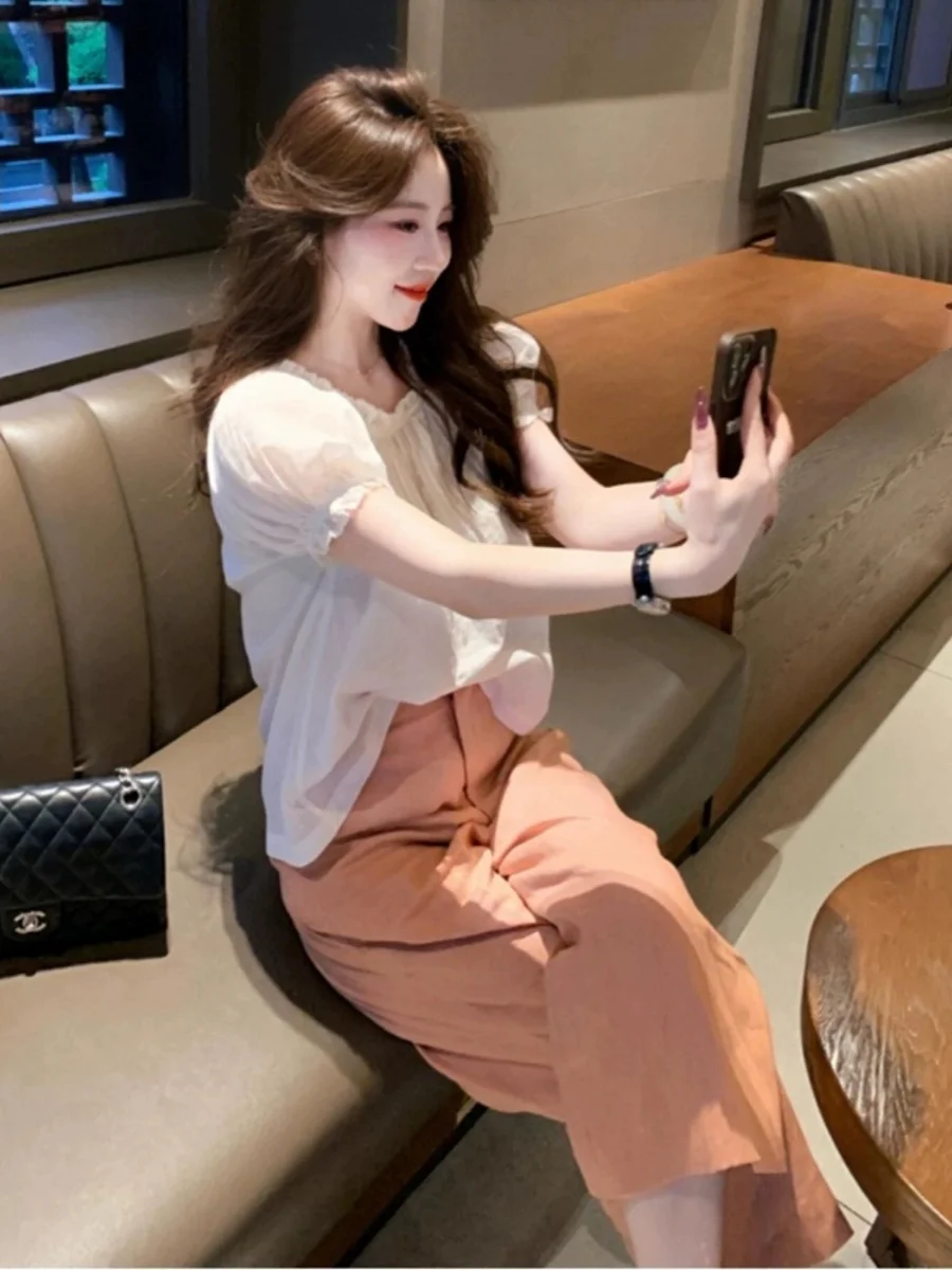 세련된 소금 시스템 여성 여름 복장 유휴 스타일 셔츠 넓은 다리 바지 투피스 양복 하이 엔드 Feelshirtbell Bottoms