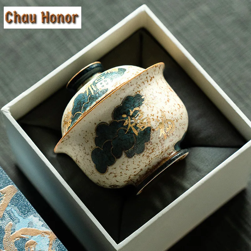 100ml Blue And White Flint Red Gaiwan Handmade Gold Drawing Auspicious Clouds Tea Tureen Tea Making Cover Bowl Cafes Decoration
