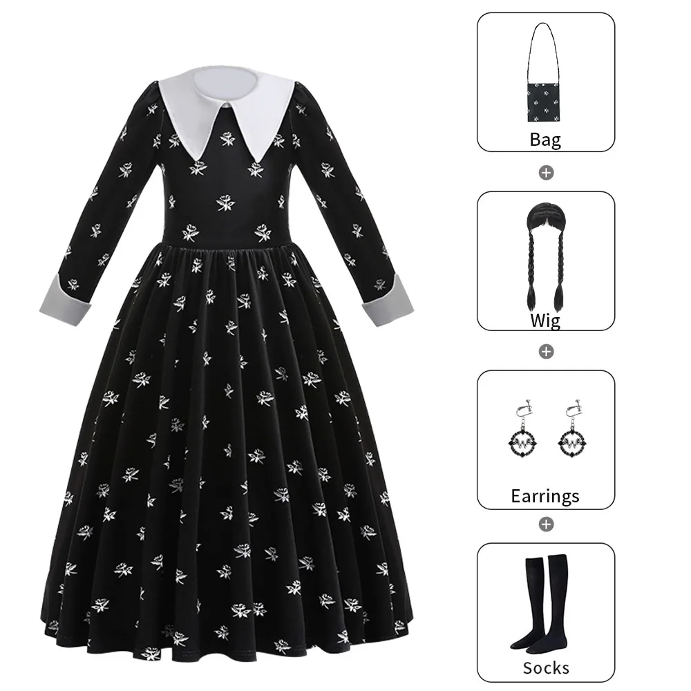 

Children Girls Black Floral Dresses Wednesday Addams Long Sleeve Cosplay Costume Gown Evening Vestidos Fancy Dress Up Halloween