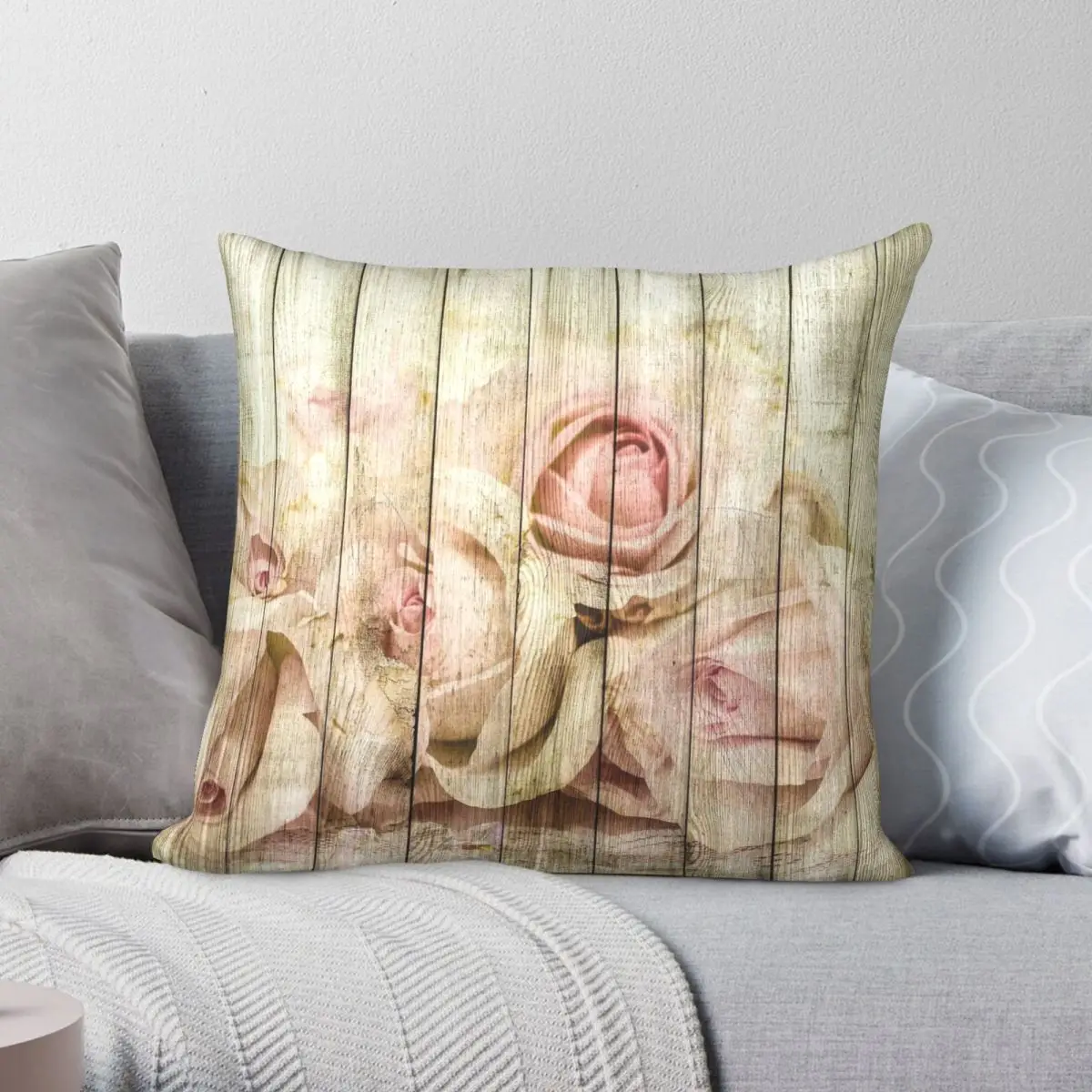 Shabby Chic Country Floral Rose Wood Federa Poliestere Lino Velluto Creativo Zip Decor Federa Per Cuscino Casa 18"