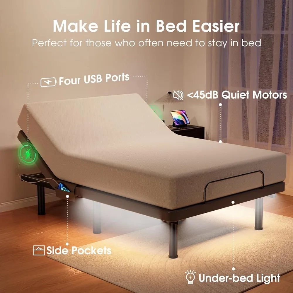 Adjustable Bed Frame Base Queen, Ergonomic Bed Improve Sleep Quality- Zero Gravity Massage Remote with Memory- USB Ports, 6