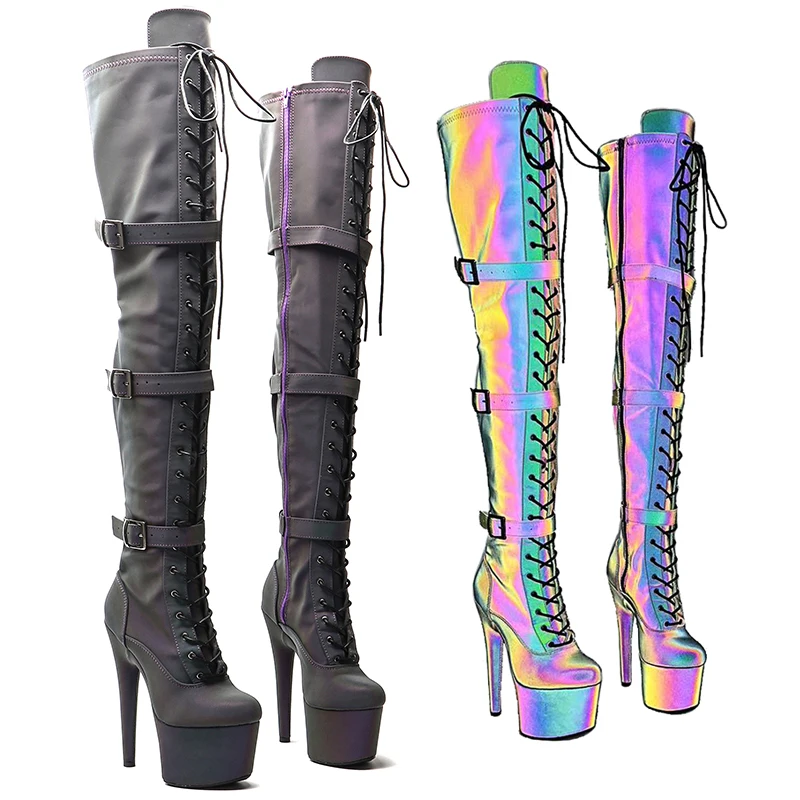 

Leecabe 17CM/7inches holographic Reflect light PU Pole dancing shoes High Heel platform Pole Dance boot