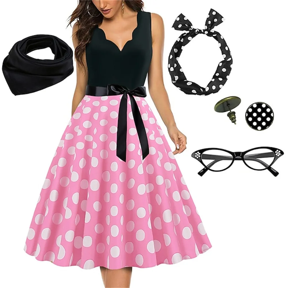 

Dress Flare with Accessories Set 1950s 60s Retro Headband Scarf Earrings Cat Swing Party Dress