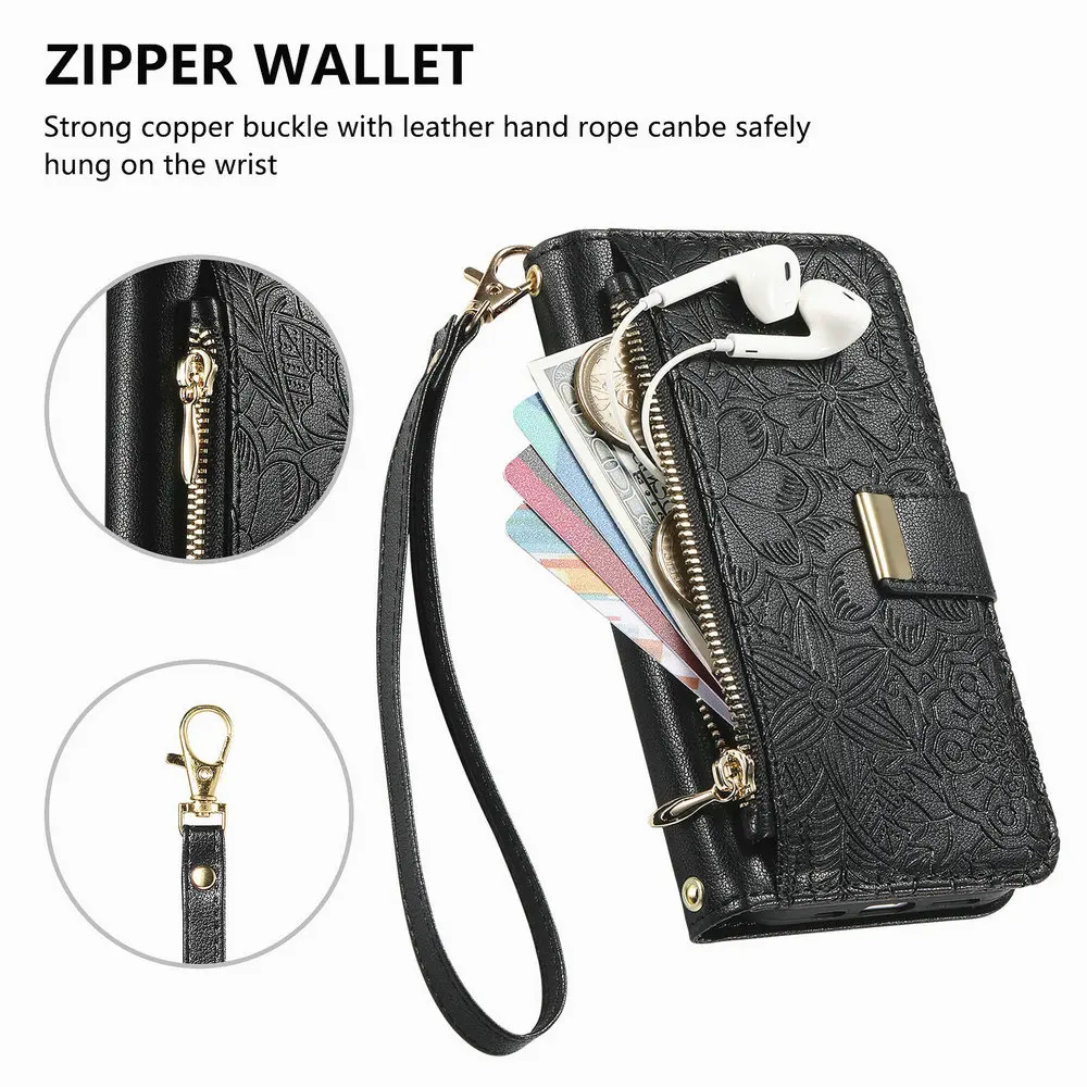 Luxury Leather Zipper Wallet Case with Magnetic Book Cover and 6-Card Slots