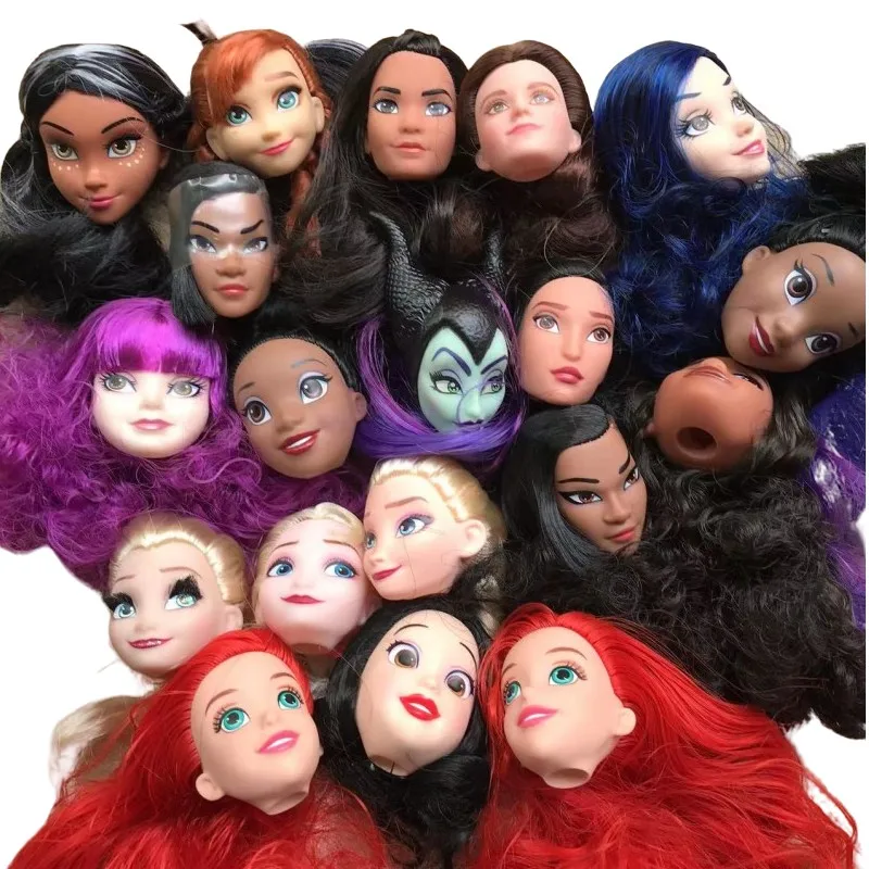Disney Princess Girl Doll Head Bambini Play House Toy Girl Collection Doll Figure Heads Colorful Hair Doll Parts