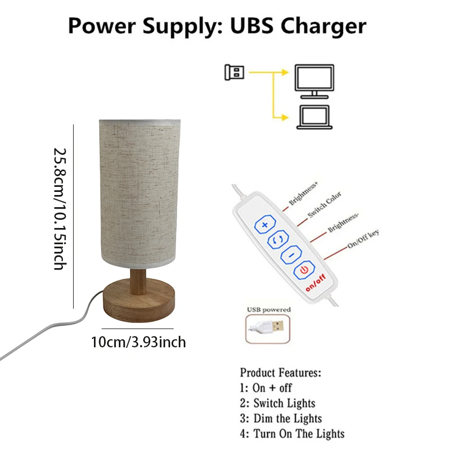 1PC 아늑한 나무 침대 옆 램프 리넨 쉐이드 USB LED 야간 조명 따뜻한 빛 테이블 램프 침실 장