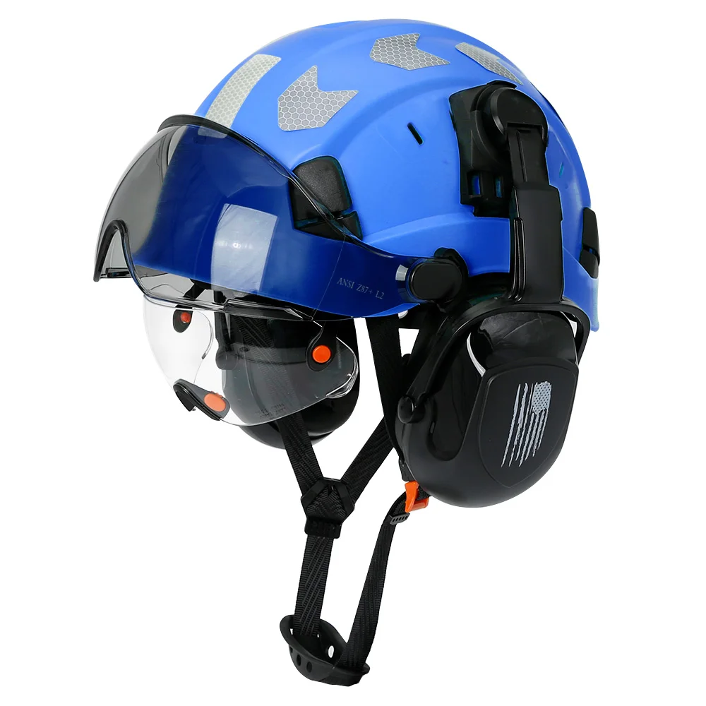 thumbnail image 1 of Casco de seguridad para construcción CE con visera, gafas integradas, orejeras, pegatinas reflectantes para ingenieros, casco ABS, ANSI industrial, 1 of 5