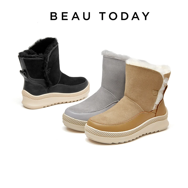 

BeauToday Snow Boots Women Round Toe Wool Fur Cow Suede Ankle Chunky Sole Slip On Casual Warm Winter Ladies Shoes Handmade 08040