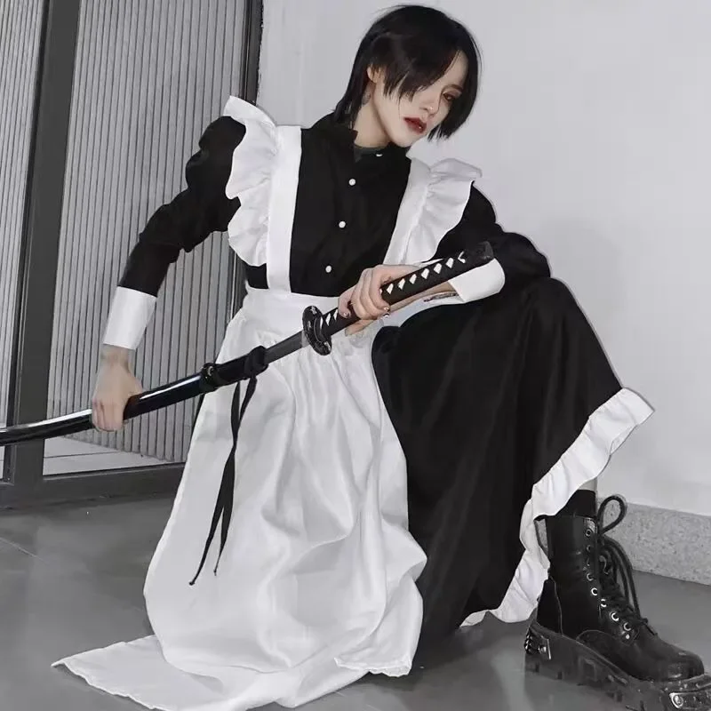 Japanese Style Maid Outfit Black White Long Dress Lolita Unisex - Image 2