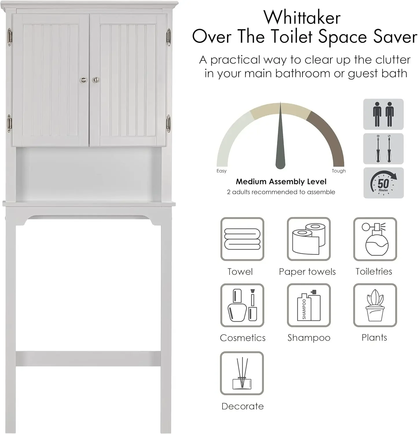 Storage Over The Toilet, Cabinet Organizer with Adjustable Shelves and Double Doors, Wood Space Saver, White 4