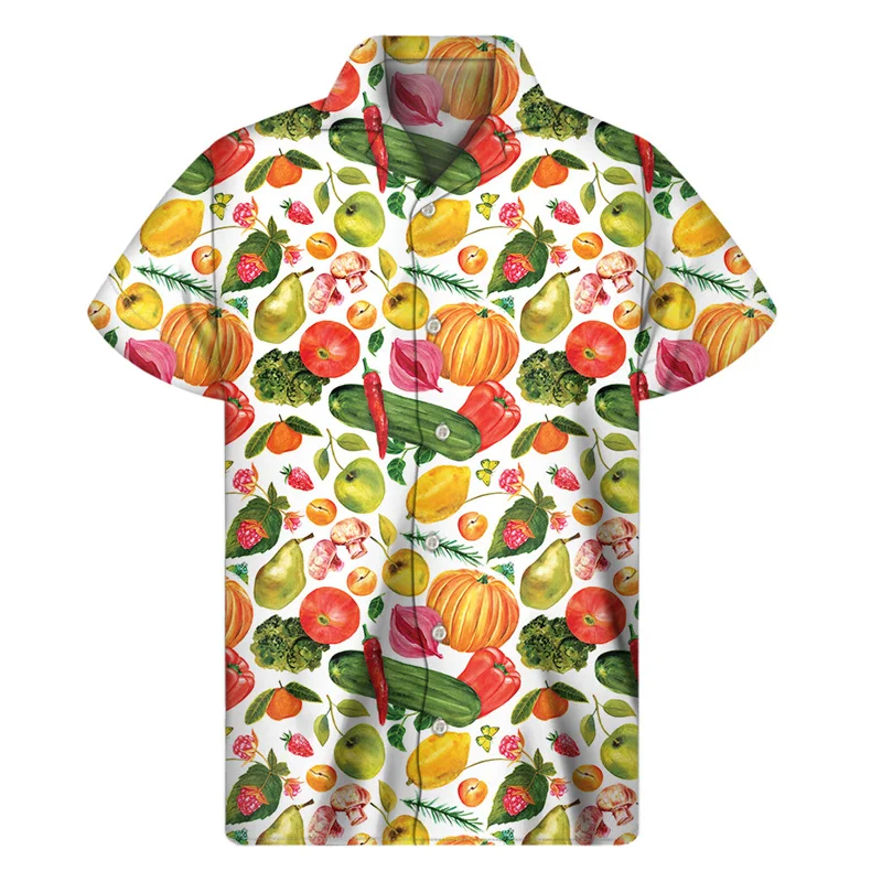thumbnail image 1 of Camisa con estampado de vegetales creativos para hombre, ropa con estampado 3D, camisas hawaianas de verano, blusas de manga corta con botones y solapa suelta, blusa Aloha, 1 of 4