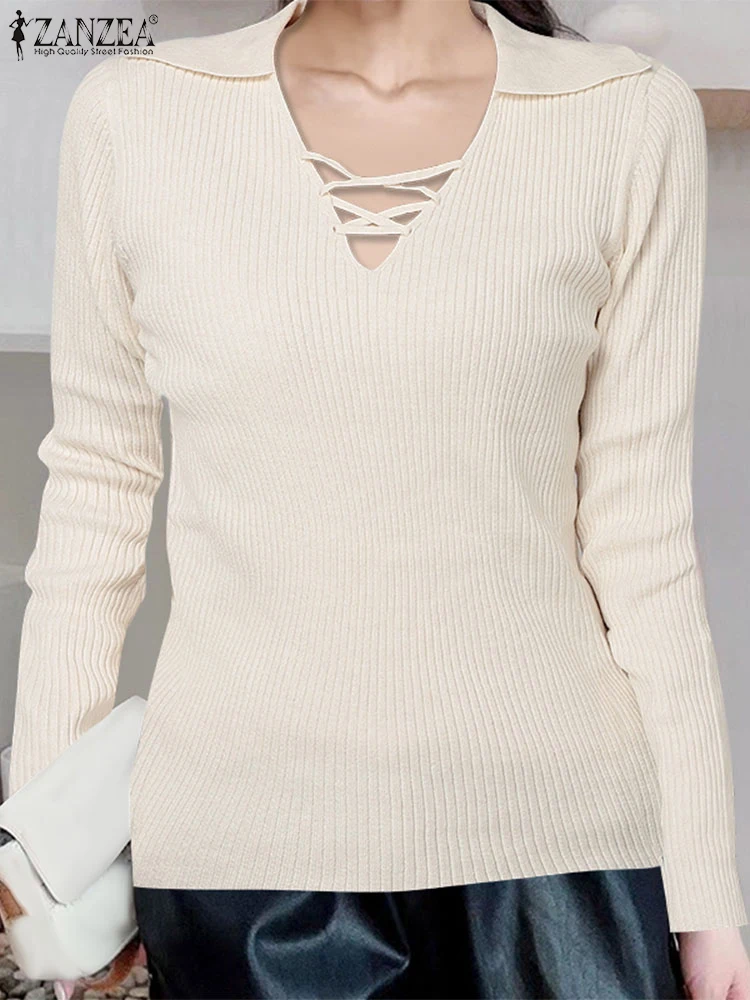 Women Knitted Sweaters Autumn Pullover Solid Tops Long Sleeve V Neck